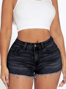 Slaydiva Plus Size Summer Casual Washed Frayed Denim Shorts - Black - View 3