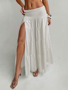 Aloruh 女士新款雪纺罩衫，纯色杏色A字裙，性感优雅透视波西米亚风度假连衣裙，沙滩装 - 杏色 - 查看 2