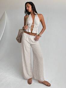 Aloruh Bộ đồ nữ mới về: Áo croptop không tay cổ yếm kẻ sọc và quần ống rộng, trang phục thường ngày cho kỳ nghỉ. - Nhiều màu - Xem 7