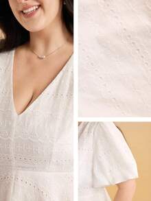 Momelise Đầm hè cỡ lớn, màu trơn, dáng chữ A, thêu jacquard, thắt eo. - trắng - Xem 2