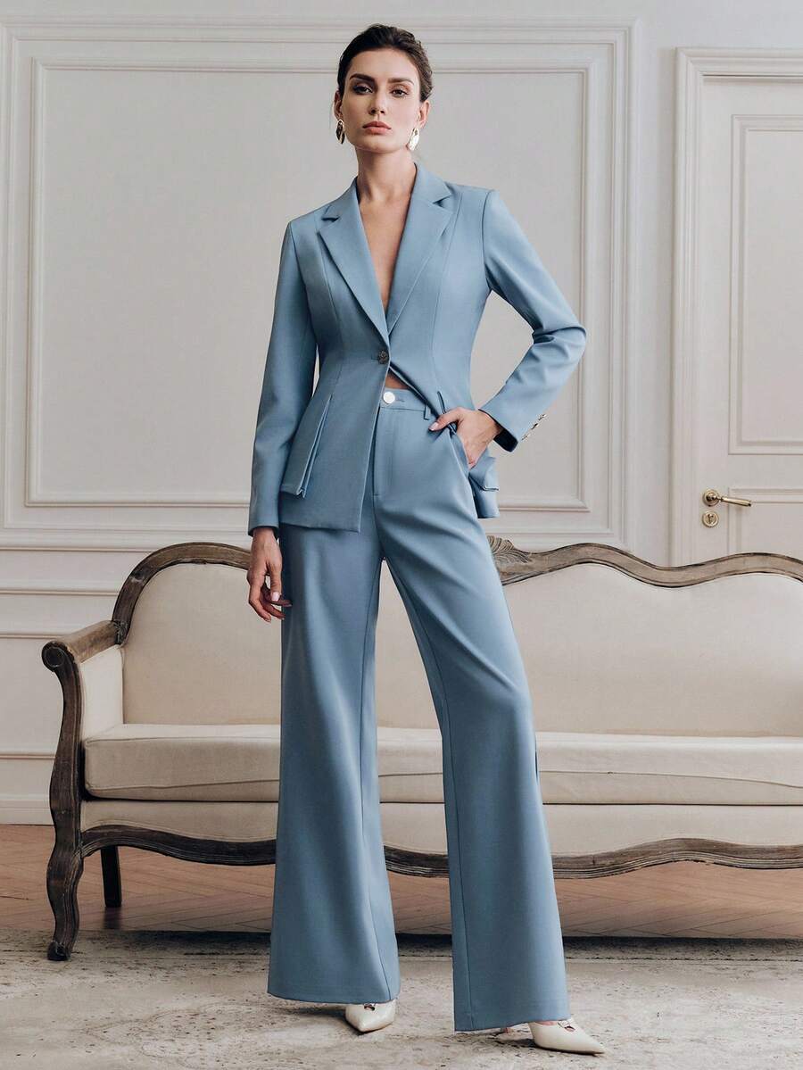 Anewsta Elegant Women's Suit With Waist Cinching, Architectural Pleated Trim Blazer And Flared Leg Pants With Side Slit, 2 Pieces Set - Blue - View 1