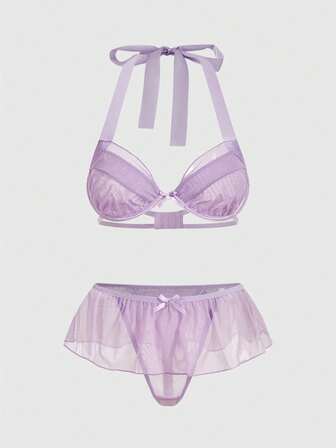 Kawaii Ensemble de lingerie sexy avec soutien-gorge bralette à col ras-du-cou et culotte avec volants, style poupée romantique de la Saint-Valentin, mignon et innocent