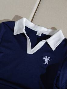 SHEIN Sparklyn 少女两件套学院风套装：藏蓝色撞色滚边 Polo 衫和阔腿裤，舒适休闲套装，适合日常上学和周末外出穿着。 - 藍白色 - 查看 10