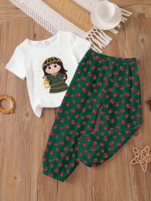 2pcs/Set Young Girls Fashion Casual Cute Cartoon Princess Print Short Sleeve T-Shirt And Rose Print Pants, Children Clothing Suitable For Spring/Summer, Holiday, Ramadan - Multicolor - View 3