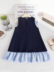 SHEIN Elladie kids 女童夏季新款珍珠蝴蝶结无袖A字裙摆荷叶边法式优雅简约公主裙，适合通勤穿着。 - 藍色 - 查看 2