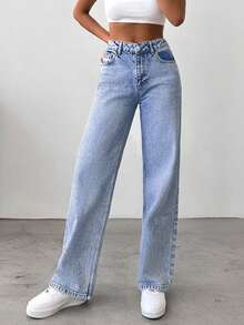 EURMUSE Plus High Waist Regular Fit Casul Style Button Front Light Blue Snow Wash Straight Jean - Medium Wash - View 5