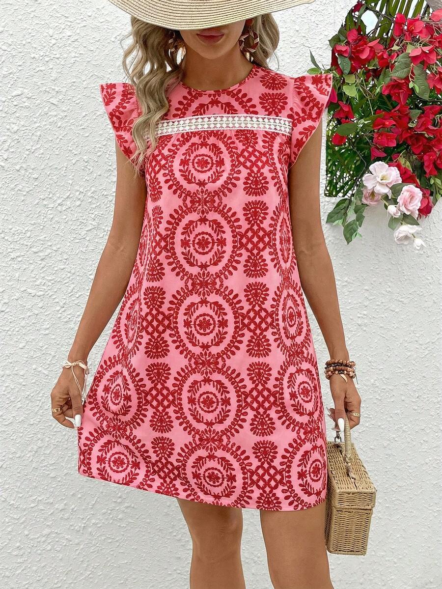 Vivid Eden 女士圆领短袖花卉蕾丝拼接A字休闲度假连衣裙 - 紅色 - 查看 1