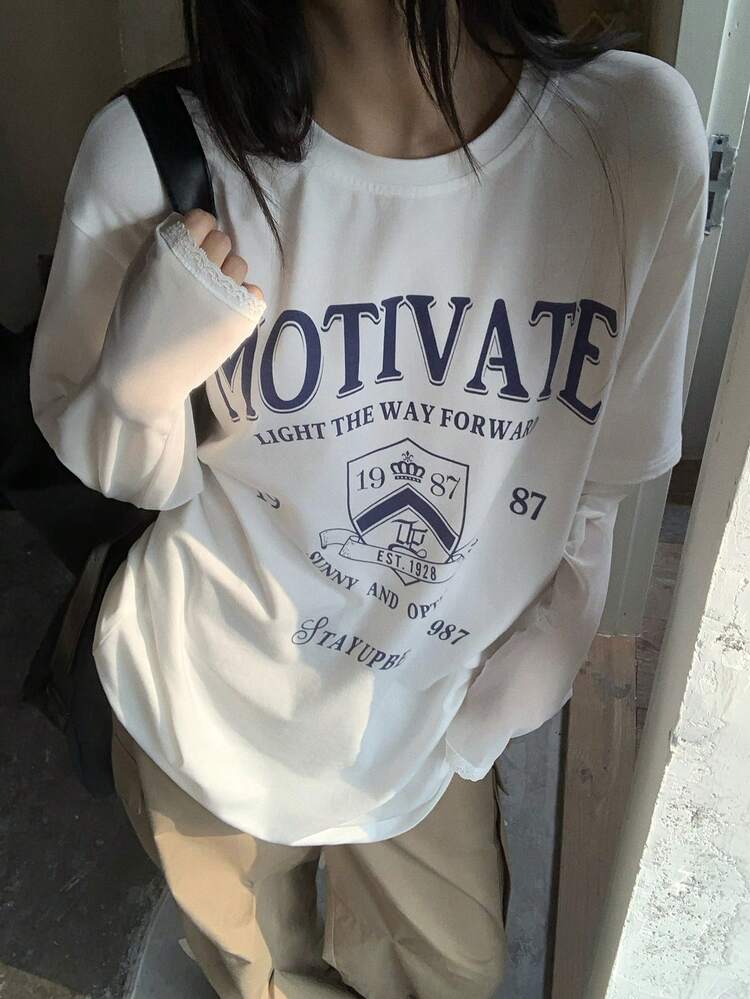 Women's Letter Print Casual Long Sleeve T-Shirt Graphic Tees Women