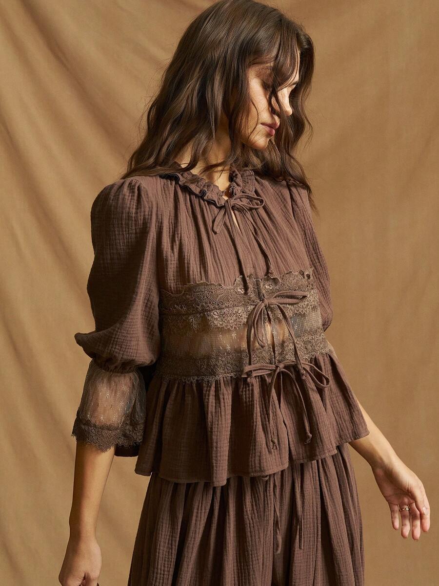 SHEIN ICON Women's Western Boho Vacation Going Out Brown Contrast Lace Tie Front 3/4 Sleeve Ruffle Hem Fashionable Blouse,Spring To Summer - Brown - View 1