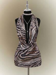 SHEIN ICON Đầm dự tiệc Valentine cho nữ giới thời kỳ Y2K, thích hợp cho các buổi hòa nhạc, câu lạc bộ, lễ hội Carnival, Mardi Gras, dạ hội, họa tiết động vật, phong cách Gyaru, hở lưng, gợi cảm, họa tiết ngựa vằn, đính sequin, kiểu yếm, hở lưng, thích hợp cho mùa hè. - Nhiều màu - Xem 4