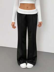 SHEIN Tall Women's Vintage Y2K Rib Knit White Turn-Down Collar Flare Pants, Casual Daily Wear Suitable For Spring/Summer Bell Bottom Pants Black Pants Black Flare Pants Flared Pants Pants Wide Leg - Black - View 1