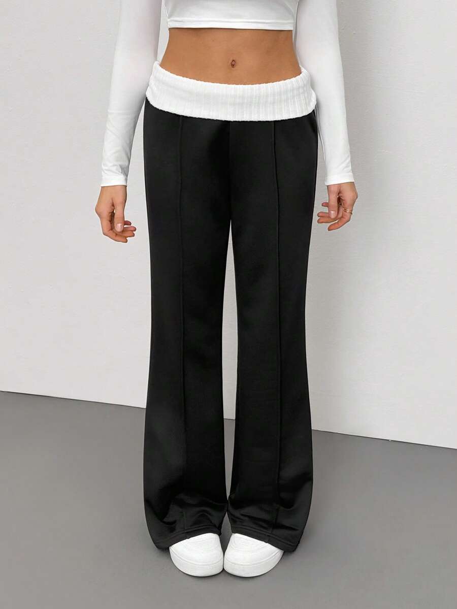 SHEIN Tall Women's Vintage Y2K Rib Knit White Turn-Down Collar Flare Pants, Casual Daily Wear Suitable For Spring/Summer Bell Bottom Pants Black Pants Black Flare Pants Flared Pants Pants Wide Leg - Black - View 1