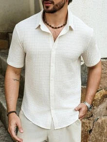 Manfinity RSRT 男士休闲纯色纹理短袖衬衫，前开襟纽扣，夏季款 - 米色 - 查看 4