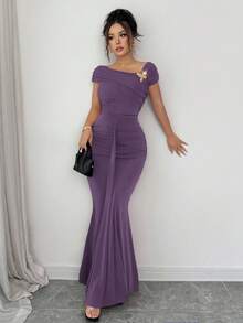 Modelyn Metallic Buckle Decor Ruched Fitted Elegant Long Dress For Women - Purple - View 5