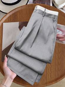 Elamini Petite 大码女式撞色腰带直筒裤 - 淺灰色 - 查看 5