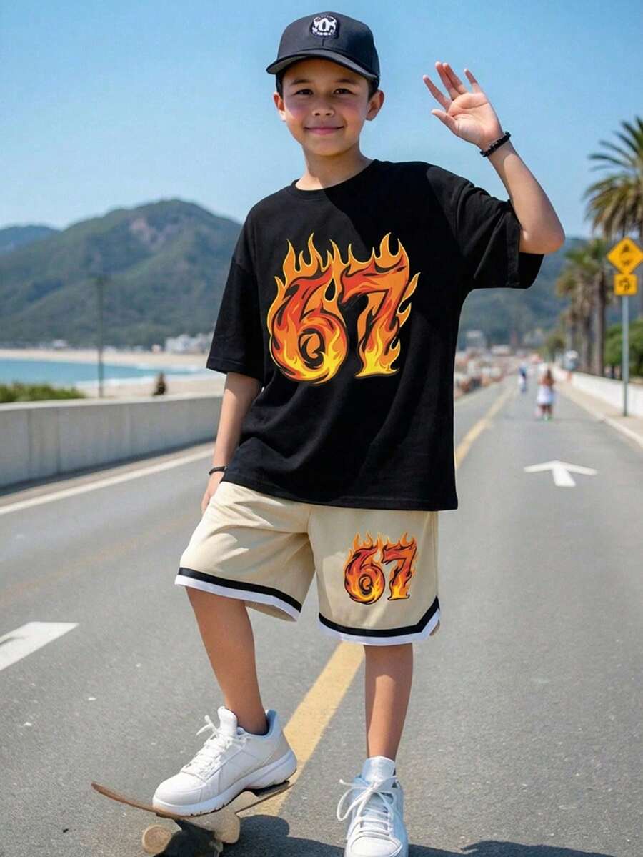 SHEIN 青少年男童宽松街头风短袖短裤套装 - 彩色 - 查看 1