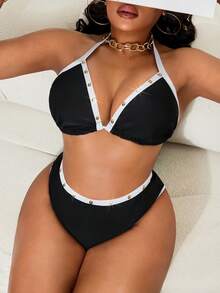 Slaydiva Plus Size Women Sexy Bikini 2 Pieces Set, Halter Neck, Fashionable Gold Lemon Print, Beach Party Swimwear - Black and White - View 1