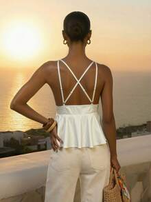 CAJUNI Camiseta sin tirantes de moda sexy con volantes en el bajo, para vacaciones, de unicolor