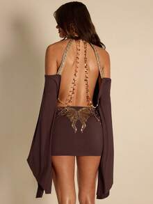 SHEIN BAE 女士纯色亮片拼接刺绣露背镂空连衣裙 - 卡其色 - 查看 3