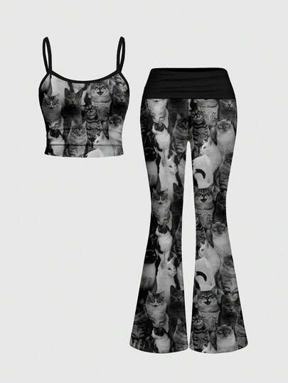 [Lingerie] Canotta sexy con spalline, pantaloni a vita bassa e a zampa d'elefante, set da donna a 2 pezzi