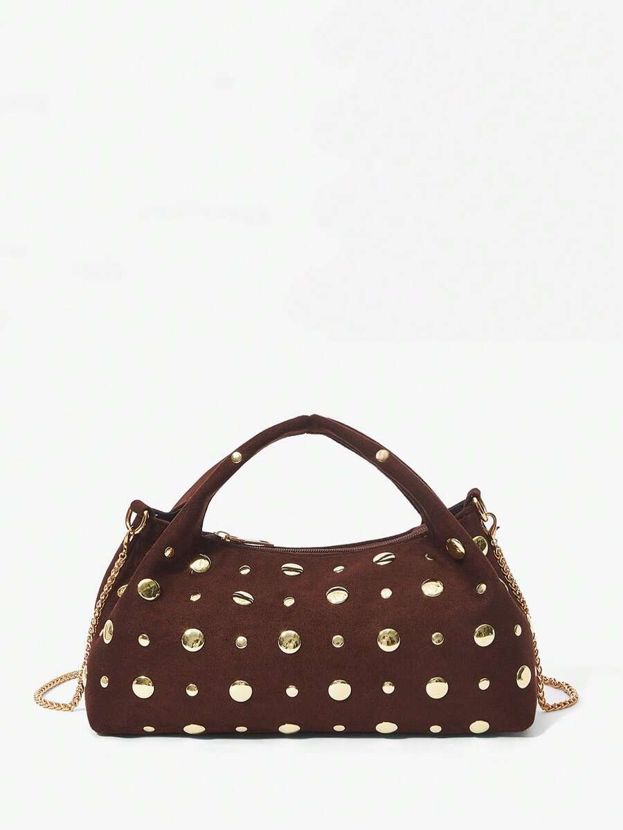 Maija Damskie, torebki z uchwytem u góry, zamszowe, torebka zamszowa, retro, nity, vintage, modne, eleganckie, proste, spersonalizowane, uniwersalne, klasyczne, do pracy, do biura, na randkę, na co dzień, na zakupy, na popołudniową herbatę