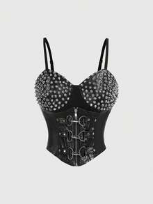 ROMWE Sexy Dark PUNK Rivet Patchwork Women PU Cami Top - Black - View 1