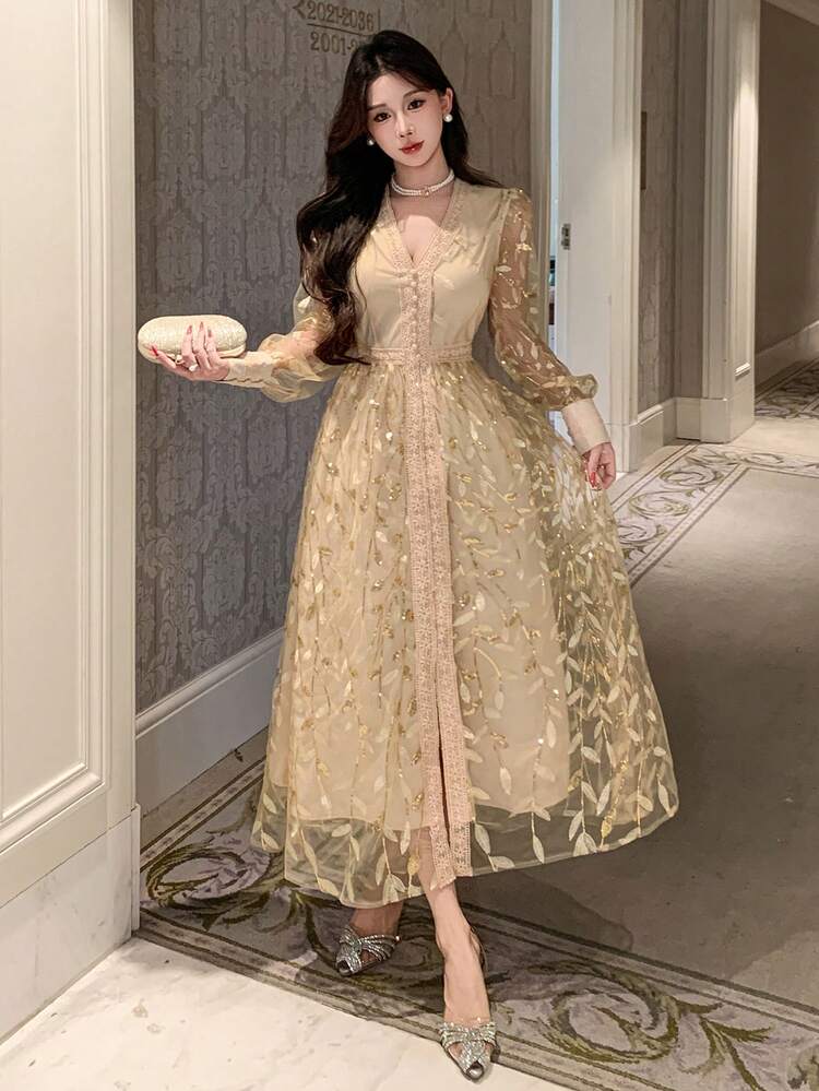 Women's Elegant Lace Patchwork Floral V-Neck Puff Sleeve Dress, Spring/Summer Wedding Guest Dress Sundress