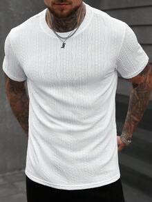 Manfinity CasualCool 男士纯色纹理圆领休闲百搭短袖T恤 - 白色 - 查看 4