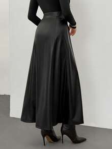 SHEIN Tall 女士优雅长款PU皮裙，秋冬仿皮裙不对称裙 - 黑色 - 查看 3