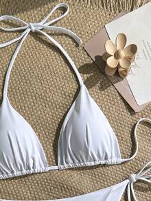 Swim Vcay Bộ bikini hai mảnh màu trơn buộc dây bên hông dành cho nữ, kiểu cổ yếm, cúp ngực tam giác, thích hợp mặc đi biển mùa hè. - trắng - Xem 3
