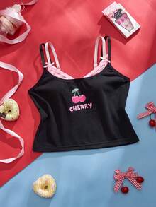 SHEIN 1件夏季格子拼接樱桃印花短款吊带背心 - 彩色 - 查看 5