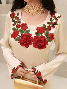 Al Najma Women's Casual Loose Rose Floral Lace Applique Waist Tie Belted Abaya Dress