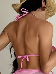 Swim SXY 新款性感3D兰花吊带系带露背短款比基尼上衣，适合海滩度假（随机花朵图案） - 粉色 - 查看 2