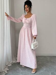 Elenzga 女士优雅时尚通勤休闲舒适迷人复古简约浪漫假日长袖方领收腰露背A字荷叶边下摆纯色纹理提花连衣裙 - 粉色 - 查看 6