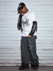 Modcrash 男士长袖圆领T恤，透气百搭，宽松休闲打底衫，韩式简约，创意经典图案，圆领T恤，宽松版型，适合秋冬季春夏复古美式休闲上衣，男女皆宜的夏季上衣，适合日常穿着，宽松版型，夏季度假装扮，复古美式，男女皆宜，宽松版型夏季套装——适合日常穿着和夏季度假装扮。 - 白色 - 查看 1