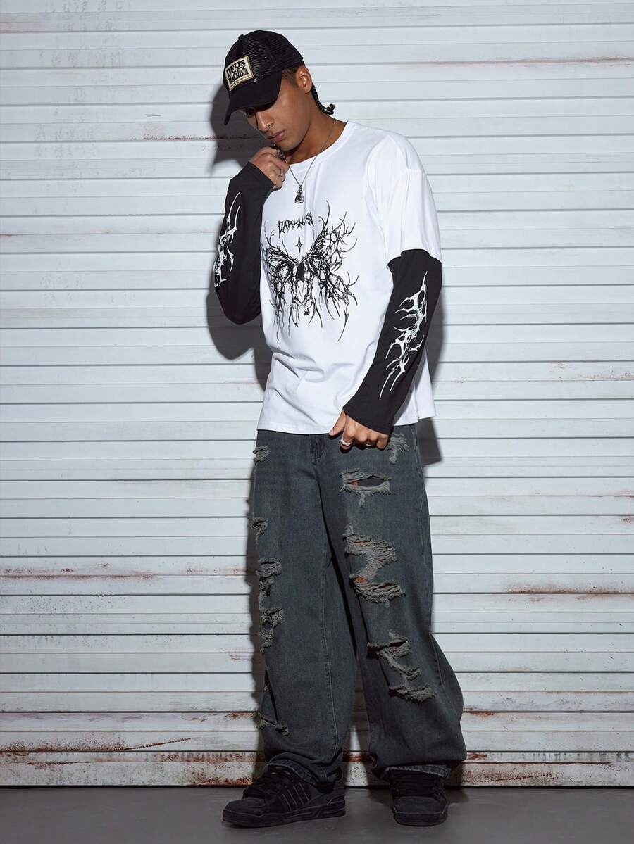 Modcrash 男士长袖圆领T恤，透气百搭，宽松休闲打底衫，韩式简约，创意经典图案，圆领T恤，宽松版型，适合秋冬季春夏复古美式休闲上衣，男女皆宜的夏季上衣，适合日常穿着，宽松版型，夏季度假装扮，复古美式，男女皆宜，宽松版型夏季套装——适合日常穿着和夏季度假装扮。 - 白色 - 查看 1