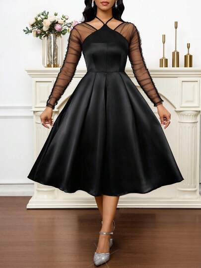 SHEIN Lady Elegant festklänning i mesh med lappmönster och mellanlång passform för kvinnor