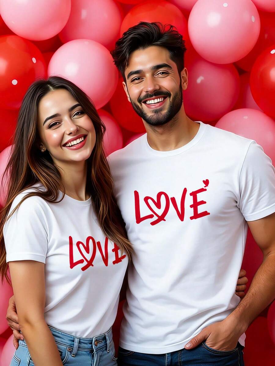Manfinity Homme Unisex Valentine's Day Red Heart Graphic Round Neck Short Sleeve T-Shirt Unisex Casual Couple White Round Neck T-Shirt Couple Tshirt - White - View 1