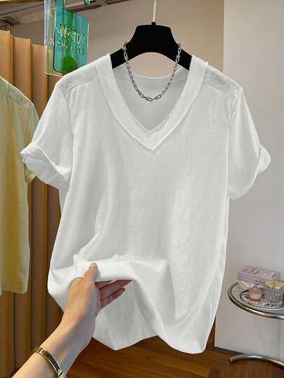 Resyla 大码女式休闲纯色V领短袖T恤，夏季