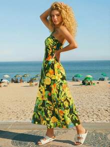 CAJUNI Women's Casual Vacation Tropical Parrot Party Lemon Yellow & Green Print Halter Neck Sleeveless Midi Dress, Date Outfit, Casual Elegant Dress, Outdoor Dress, Sundresses For Women Vacation, Green Beach Dress, Tropical Dresses For Women, Aloha Dress