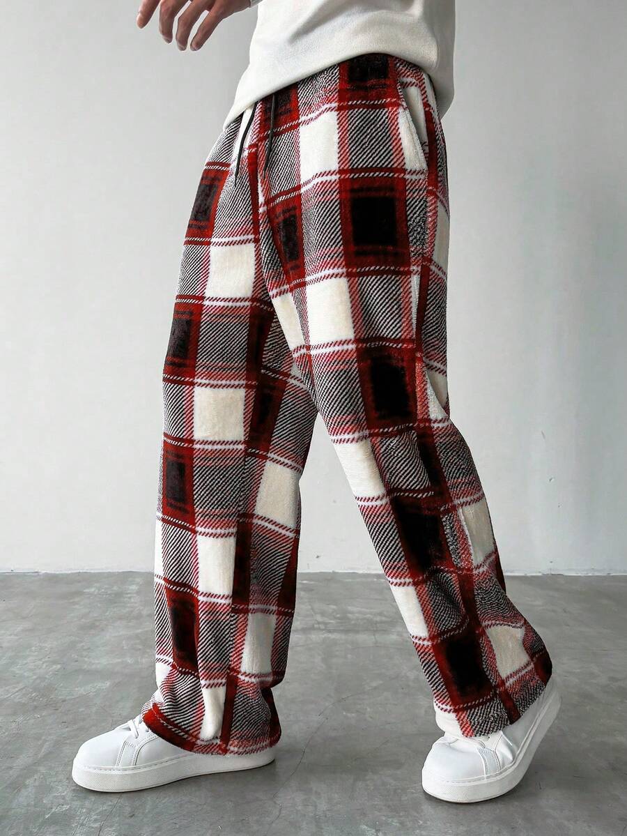 HUEFORM Pantalones casuales de hombre con estampado de cuadros y cordón en la cintura, adecuados para el uso diario en otoño/invierno - Rojo y blanco - Ver 1
