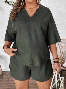 SHEIN Plus Size Pregnant WomenSummer Outfit Women Maternity Plus Size Solid V-Neck Short Sleeve Top And Adjustable Waist Shorts Casual Outfit Short Sets For Women Shorts Set Two Piece Plus Size Short Sets Two Piece Short Set Womens Short Sets,Plus-Size Maternity Set With High Waist, Adjustable Elastic For Comfort And No Constriction, Military Green Casual Two-Piece Set. - Army Green - View 6