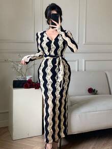 DAZY Black And White Checkered,Autumn,Elegant,Dining,Spring&Summer Textured Lace Striped Deep V-Neck Fitted Waist Cocktail Party Wedding Guest Midi Dress - Black - View 3