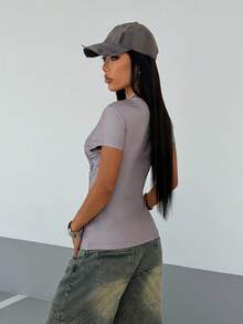 StreetHx Women's Streetwear Short Sleeve T-Shirt With Wing & Rhinestone Print - Grey - View 2