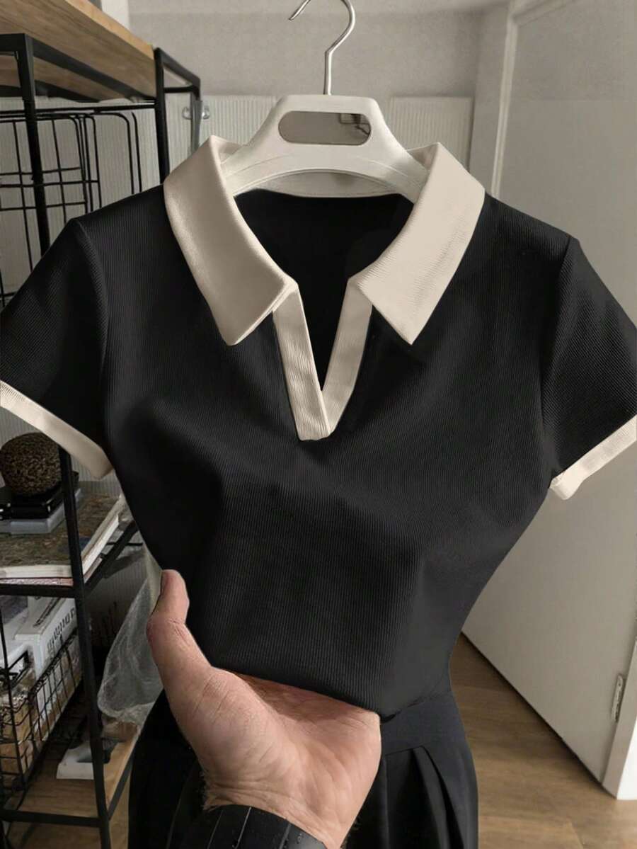 SHEIN Franclia 女士休闲撞色滚边短袖上衣,夏季百搭 - 黑色 - 查看 1