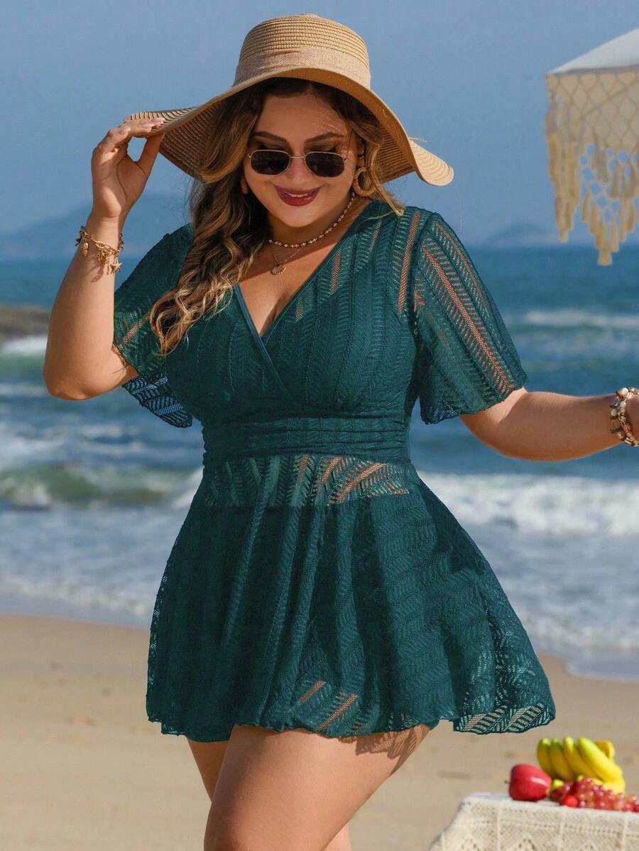 Swim Lushoire 大码女式两件套纯色网纱半身裙休闲沙滩度假比基尼泳衣套装 - 墨綠色 - 查看 1