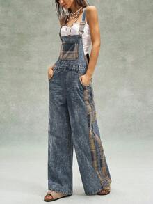 Bohemela Women's Plaid Patchwork Denim Loose Long Pants Overalls With Adjustable Buckles Plaid Spring Outfit Women - Medium Wash - View 4