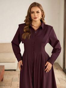 Roveilla Plus Size Women's Burgundy Autumn Elegant Formal Solid Color Open Front Button Down Waist Pleated A-Line Long Sleeve Midi Dress,French Retro Style - Maroon - View 3