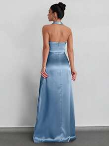 EURMUSE Women's Elegant Backless Halter Dress, Solid Color, Suitable For Party - Blue - View 2