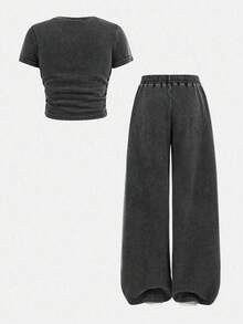 SHEIN Bộ áo thun croptop cổ tròn in họa tiết nơ và quần dài thoải mái cho bé gái tuổi mới lớn - Hồng - Xem 3